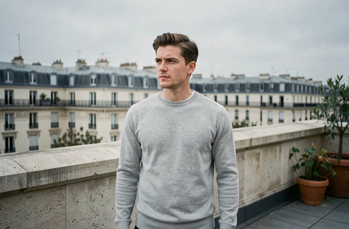 Jeune homme pensif sur une terrasse urbaine parisienne, situation sentimentale ambiguë