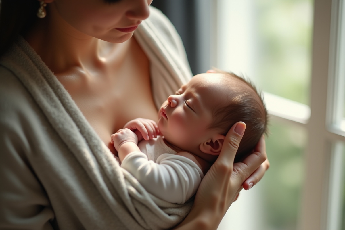Parent posant un nouveau-ne dans un porte-bebe doux à la maison