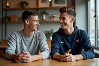 Deux jeunes sportifs souriants lors d'une rencontre intérieure