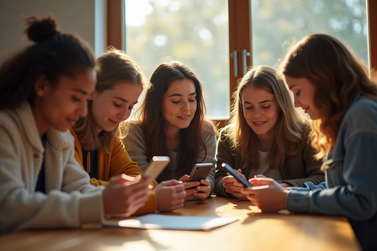 Groupe de jeunes utilisant leurs téléphones en intérieur
