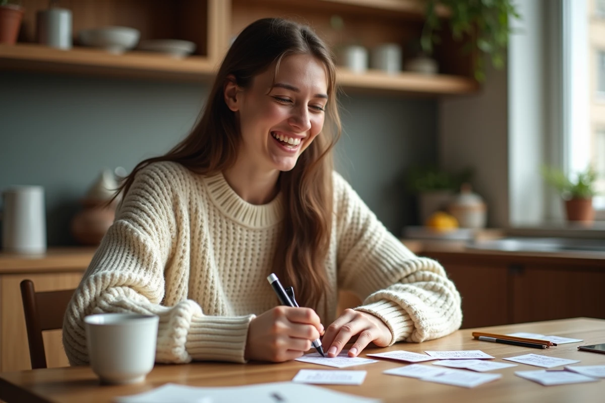 Jeune femme créant des cartes de jeux de société faites maison avec du papier et des marqueurs sur une table en bois