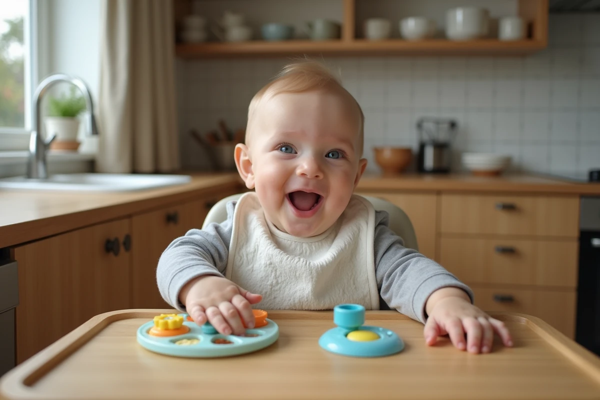 Bébé de 7 mois dans une chaise haute jouant avec un jouet d'activités à ventouse coloré dans une cuisine familiale en bois