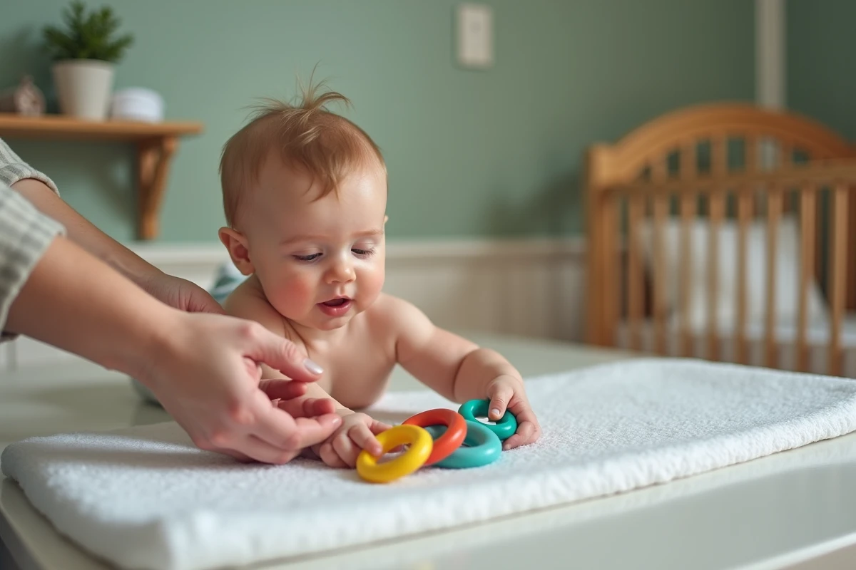 Mains d'un parent présentant des anneaux de dentition en silicone colorés à un bébé de 7 mois allongé dans une chambre bébé verte