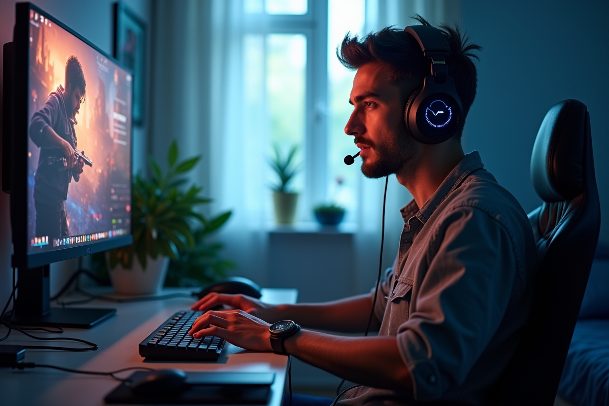 Gamer concentré sur son ordinateur dans une chambre bien éclairée