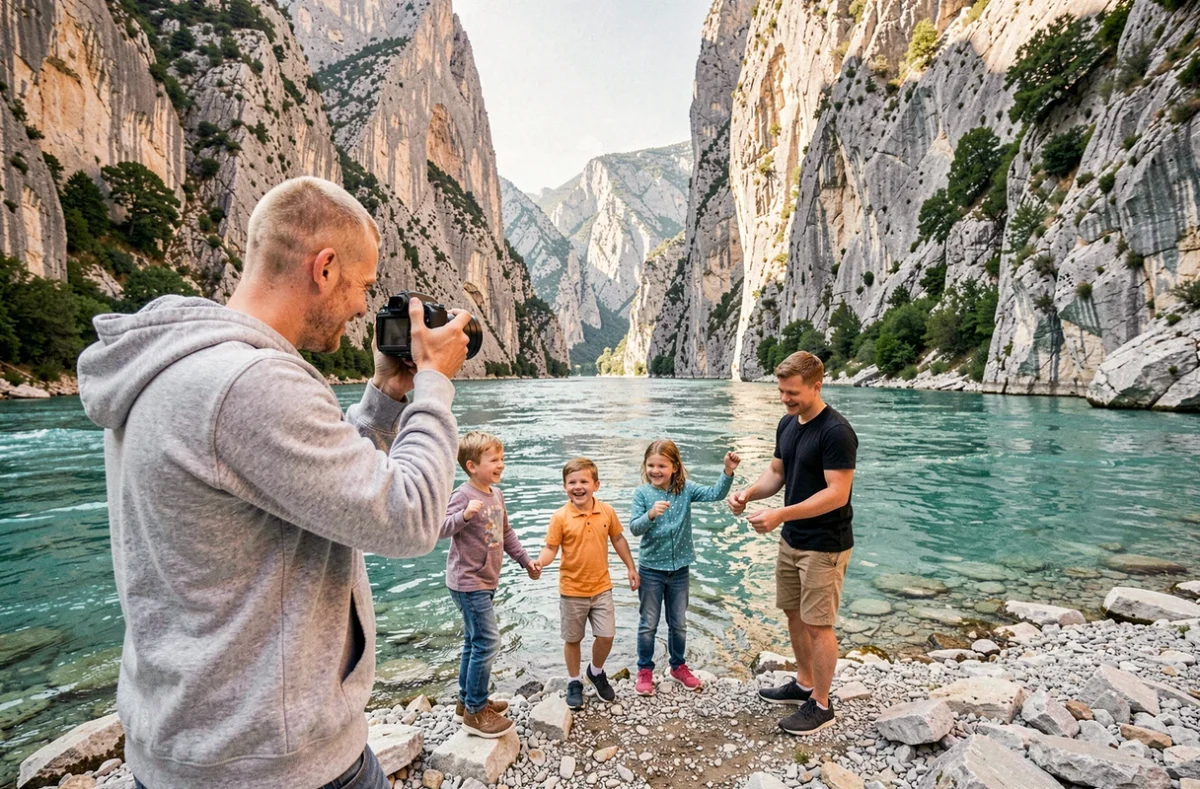Julien Jeanne photographiant une famille au bord de la rivière Verdon dans les gorges provençales