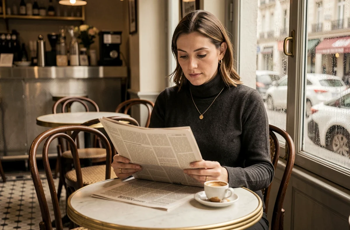Femme lisant dans un bistro parisien, photo éditoriale illustrant la vie personnelle et le compagnon de Juliette Plumecocq-Mech