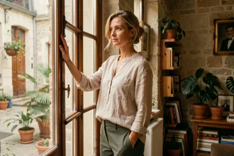 Femme artiste au style bohème dans un appartement parisien, illustration d'un article sur la vie privée de Juliette Plumecocq-Mech