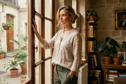 Femme artiste au style bohème dans un appartement parisien, illustration d'un article sur la vie privée de Juliette Plumecocq-Mech