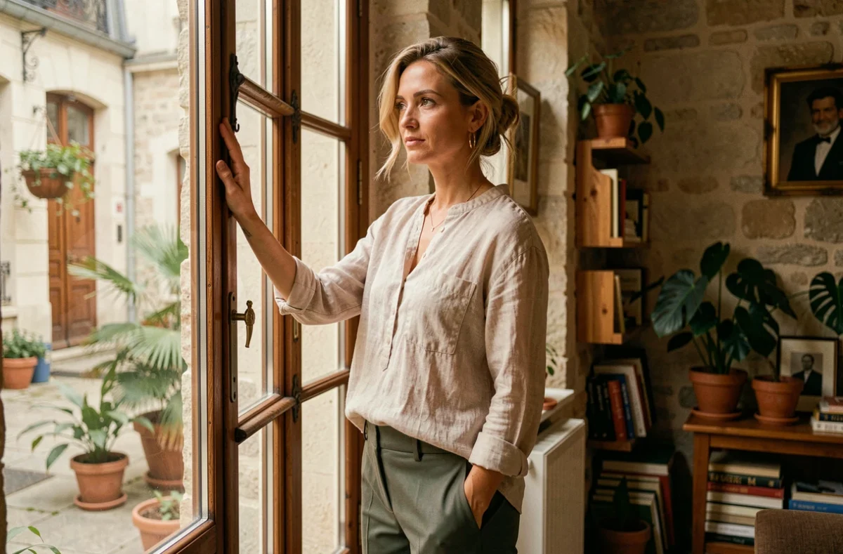 Femme artiste au style bohème dans un appartement parisien, illustration d'un article sur la vie privée de Juliette Plumecocq-Mech