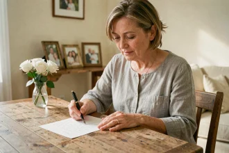 Femme écrivant une lettre d'adieu émouvante à sa tante décédée, assise dans un salon chaleureux entouré de photos de famille