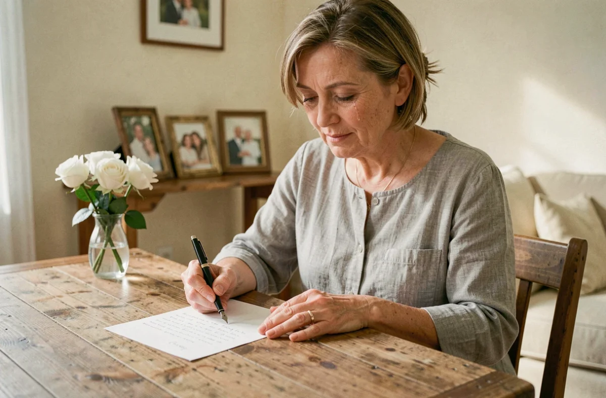 Femme écrivant une lettre d'adieu émouvante à sa tante décédée, assise dans un salon chaleureux entouré de photos de famille