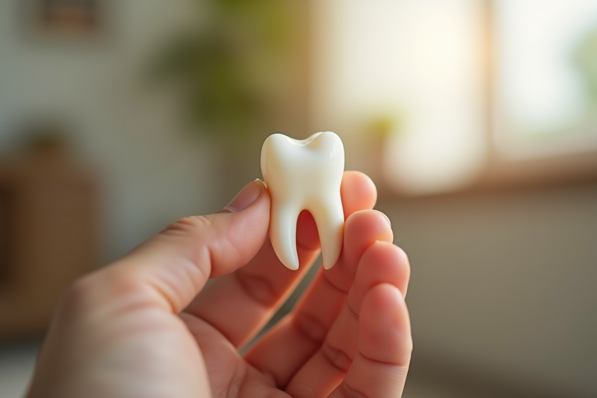 Petite main tenant une dent de lait récemment perdue