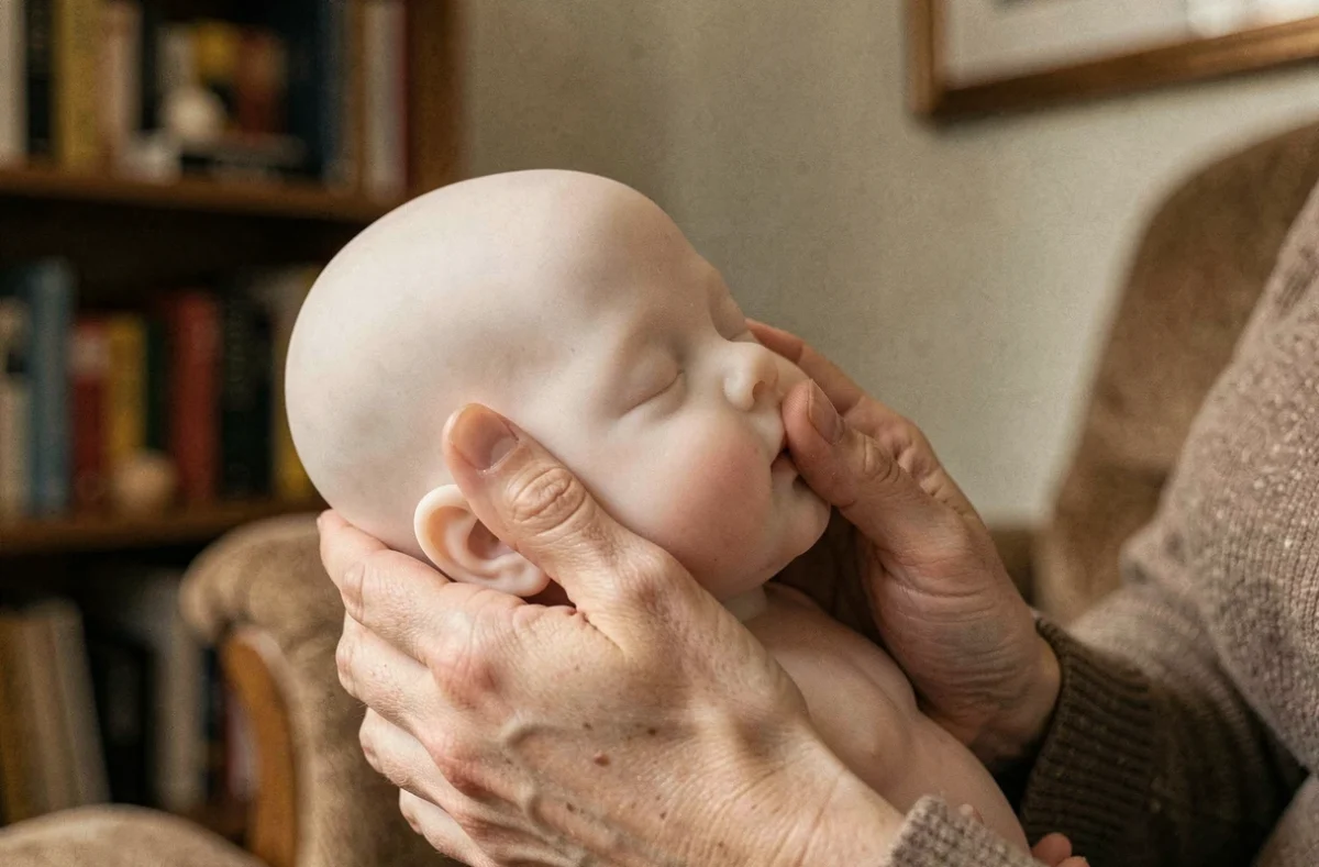 Mains d'une femme adulte pressant doucement la joue d'un bébé reborne en silicone pour montrer la souplesse réaliste du matériau imitant la peau