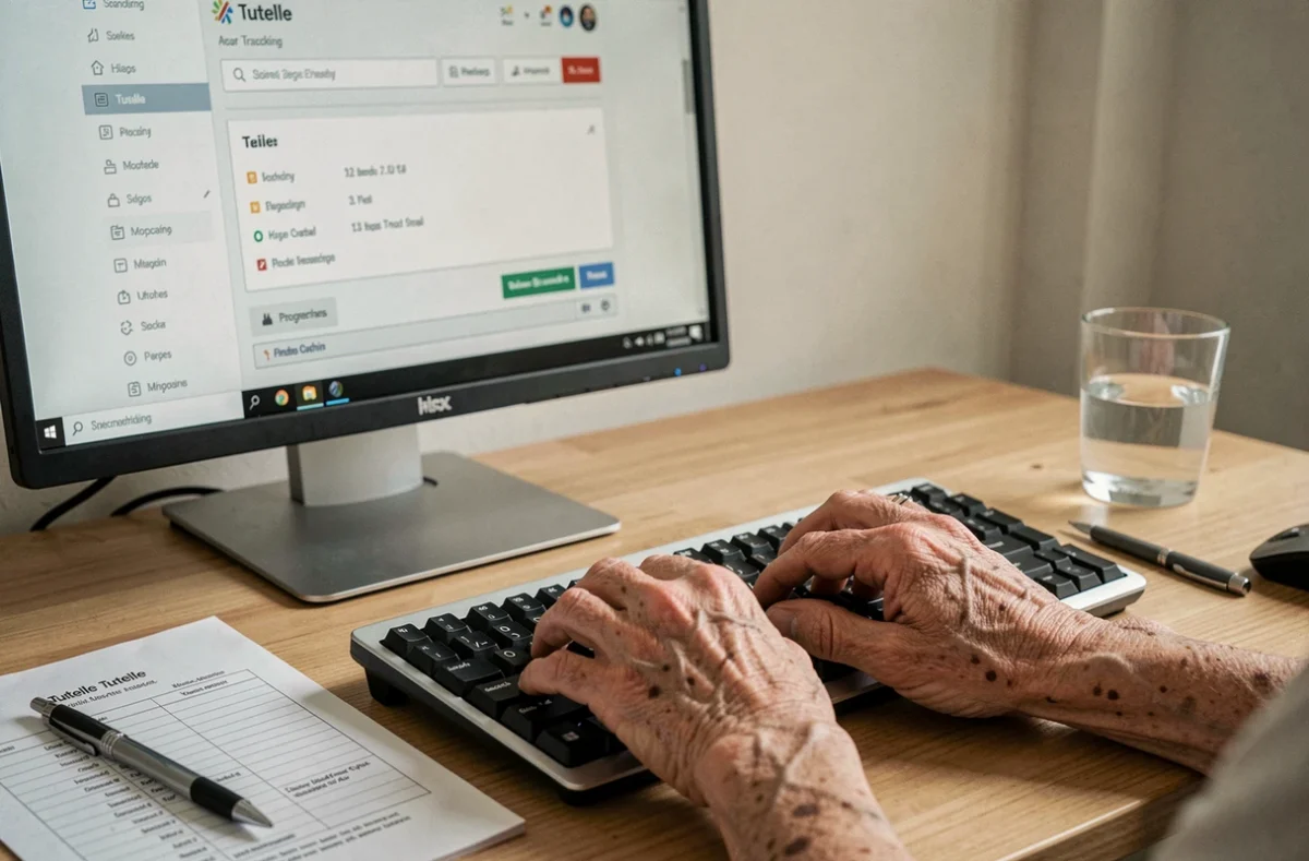 Mains d'une personne âgée saisissant des informations sur un portail administratif en ligne pour le suivi d'une mesure de tutelle