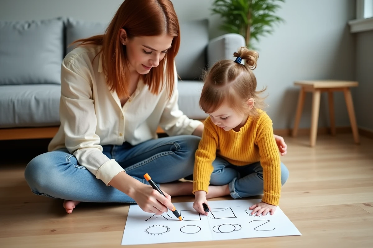 Maman aidant sa petite fille de 2 ans à faire une activité maternelle imprimée à la maison sur le sol du salon