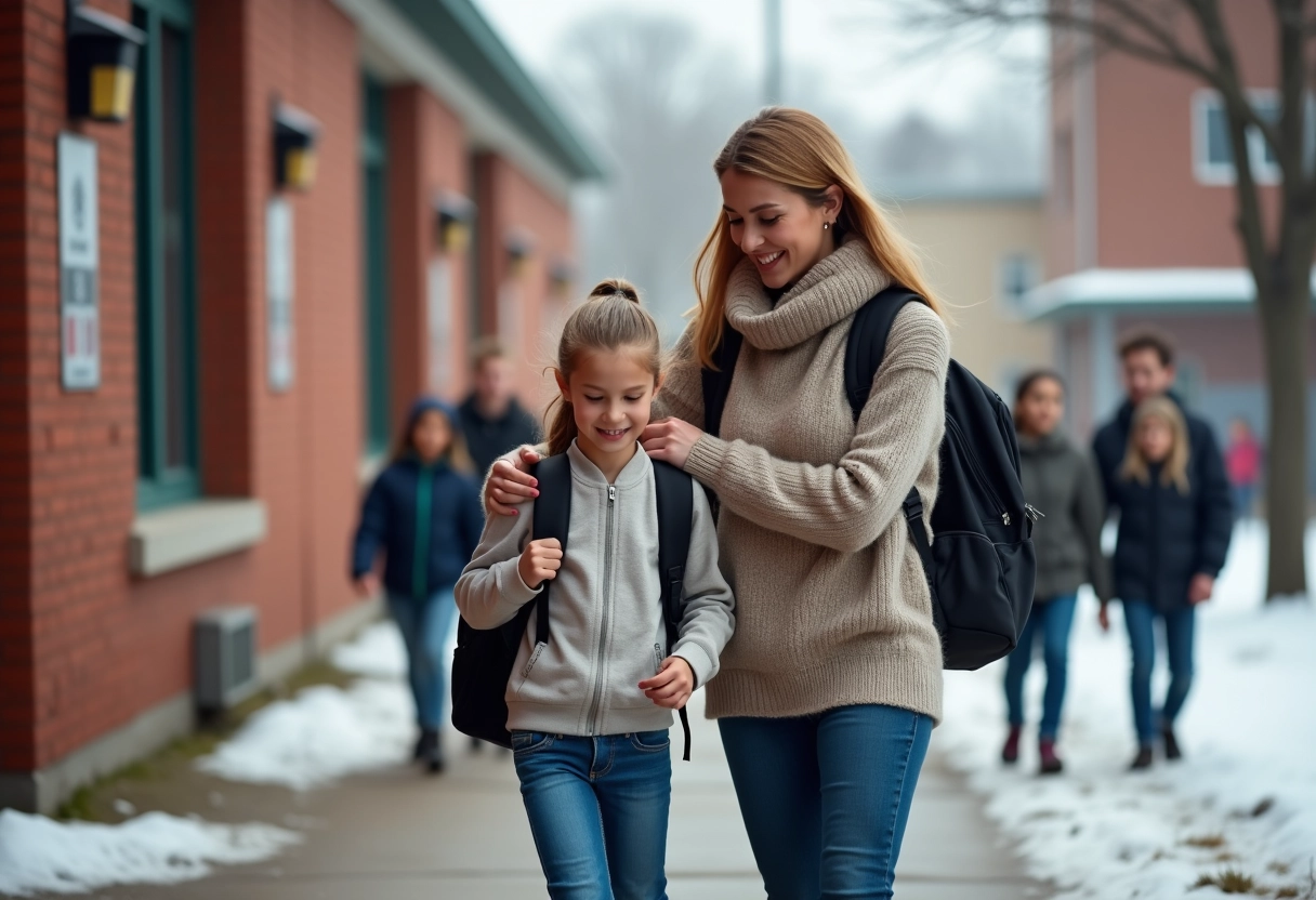 Maman aide sa fille &agrave; ajuster son sac devant une &eacute;cole canadienne