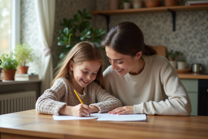 Maman aide sa fille &agrave; faire ses devoirs dans la cuisine chaleureuse