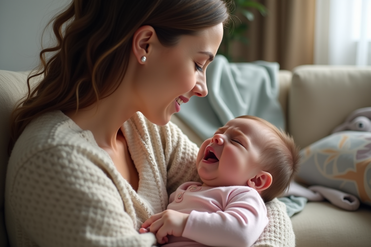 Jeune maman berçant un bébé pleurant dans un salon chaleureux