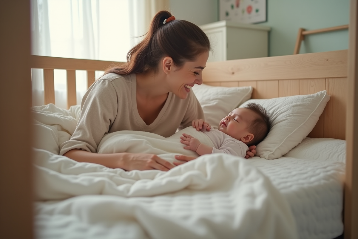Maman heureuse berçant son bébé dans un lit douillet