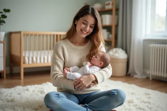 Jeune maman souriante avec poupée reborn dans un cadre cosy