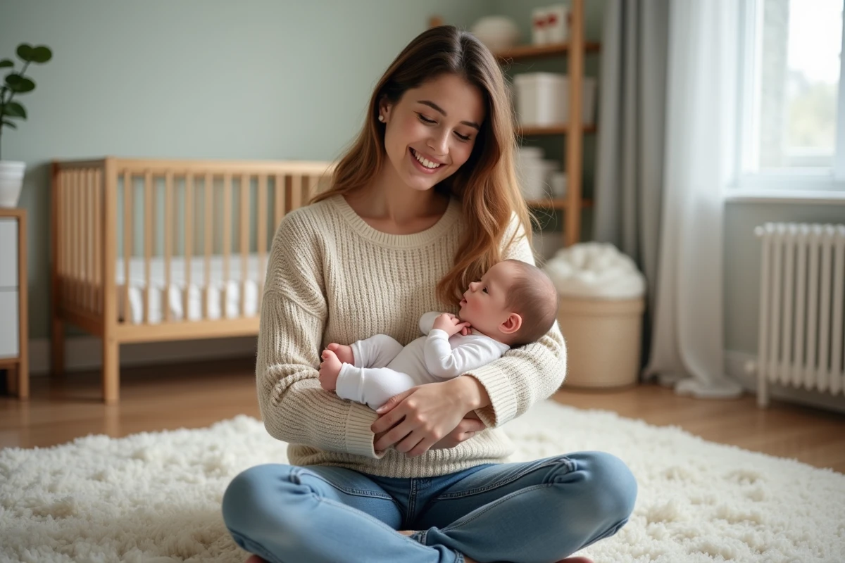 Jeune maman souriante avec poupée reborn dans un cadre cosy