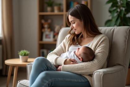 Jeune maman avec son b&eacute;b&eacute; dans un salon chaleureux