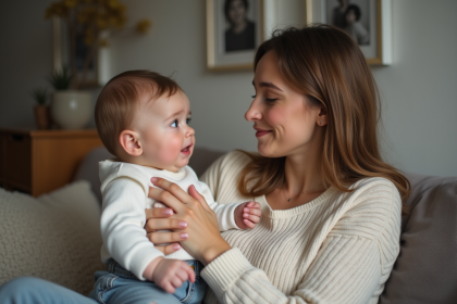 Maman et b&eacute;b&eacute; partageant un moment d'&eacute;motion dans le salon