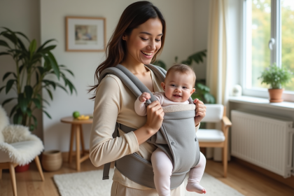 Jeune maman ajustant un porte-b&eacute;b&eacute; dans un salon chaleureux