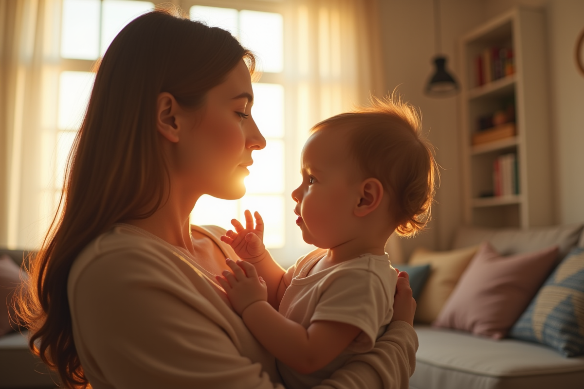 Maman réconforte son bébé dans un salon lumineux