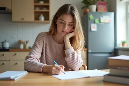 Jeune maman &eacute;crit une lettre d'absence pour son enfant