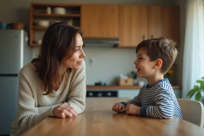 Maman parle calmement à son enfant dans la cuisine chaleureuse