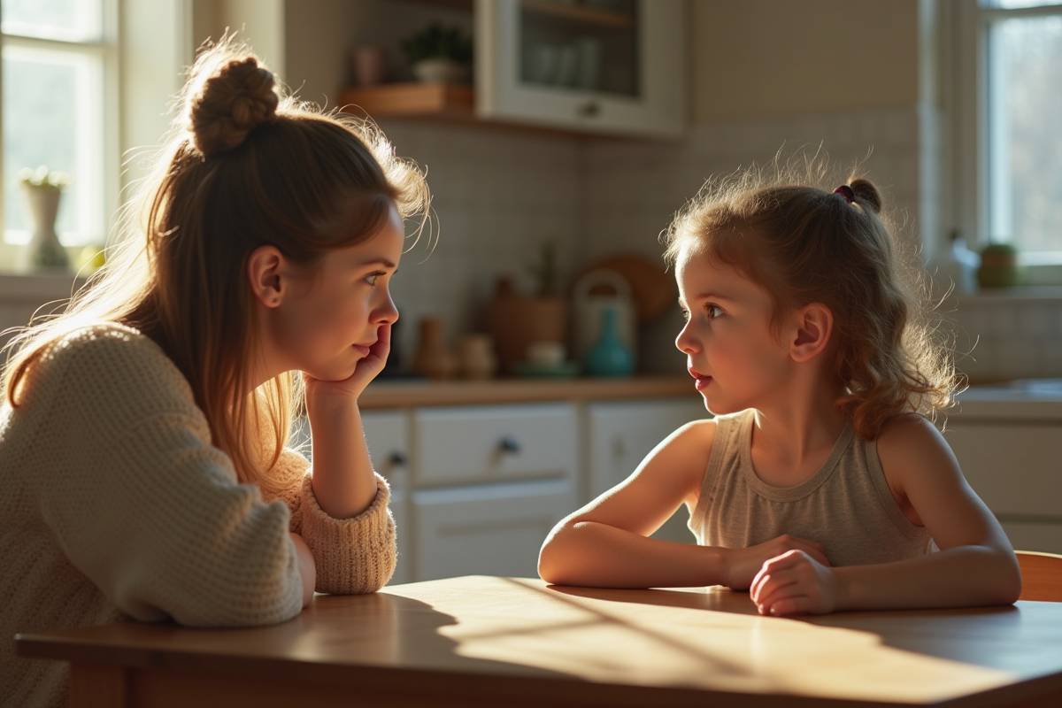Maman et enfant de 4 ans en conversation douce à la maison