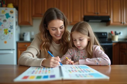 Maman et sa fille regardent un calendrier scolaire familial