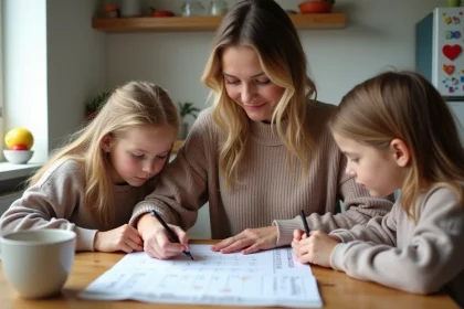 Maman et enfants regardant le calendrier des vacances