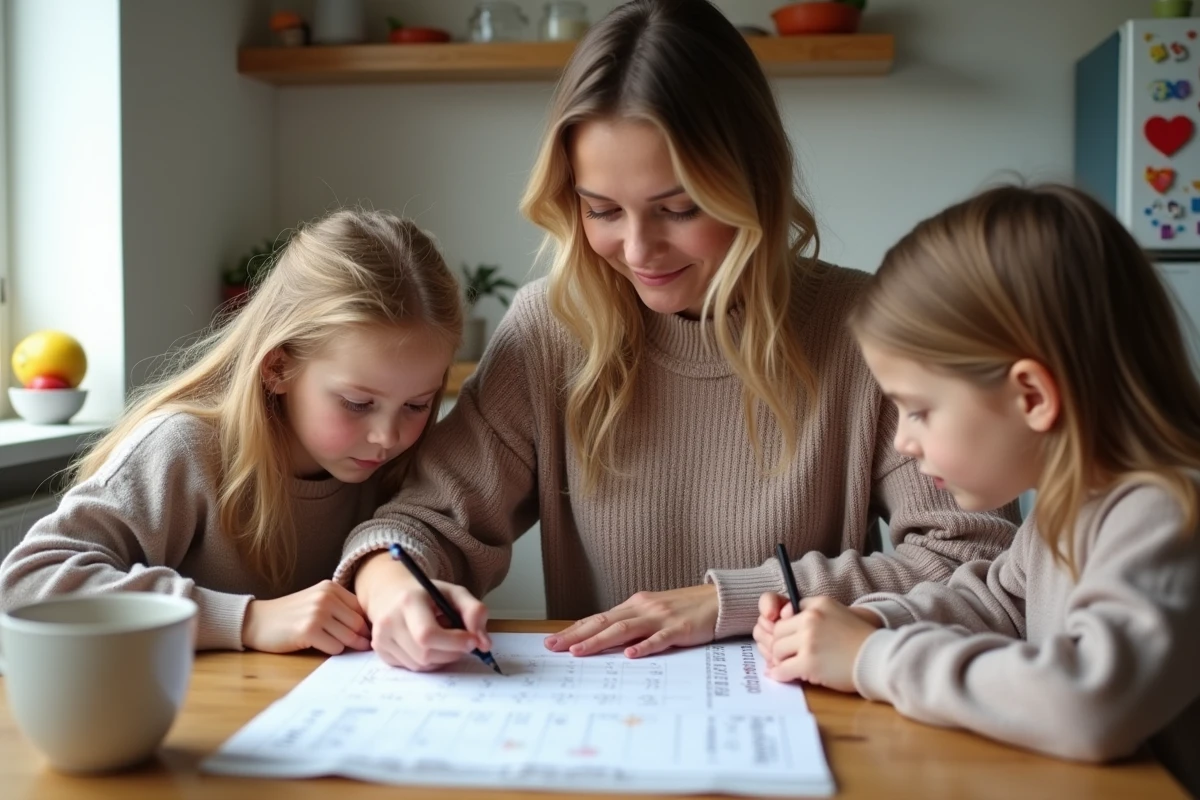 Maman et enfants regardant le calendrier des vacances