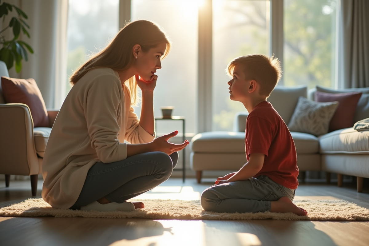 Mère parlant à son fils frustré dans un salon lumineux