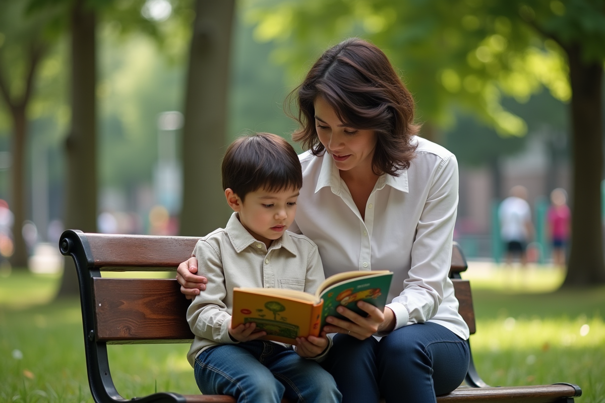 Maman et enfant lisant dans un parc verdoyant