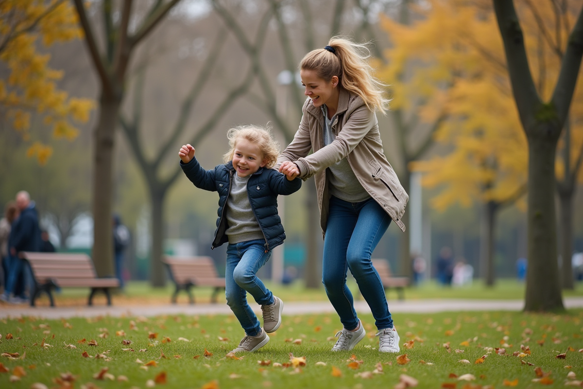 Mère et son jeune fils jouent dans un parc urbain ensoleille