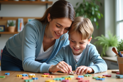 Femme et enfant jouant avec un puzzle dans la cuisine
