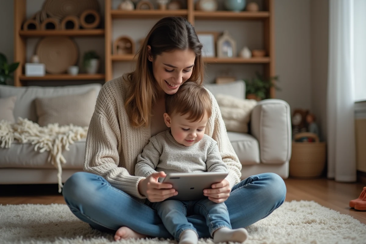 Maman et son enfant regardant une tablette dans un salon chaleureux