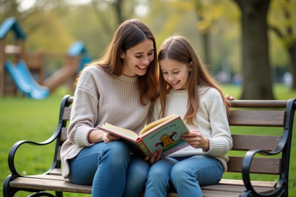 Maman et fille lisant un livre dans un parc en plein air