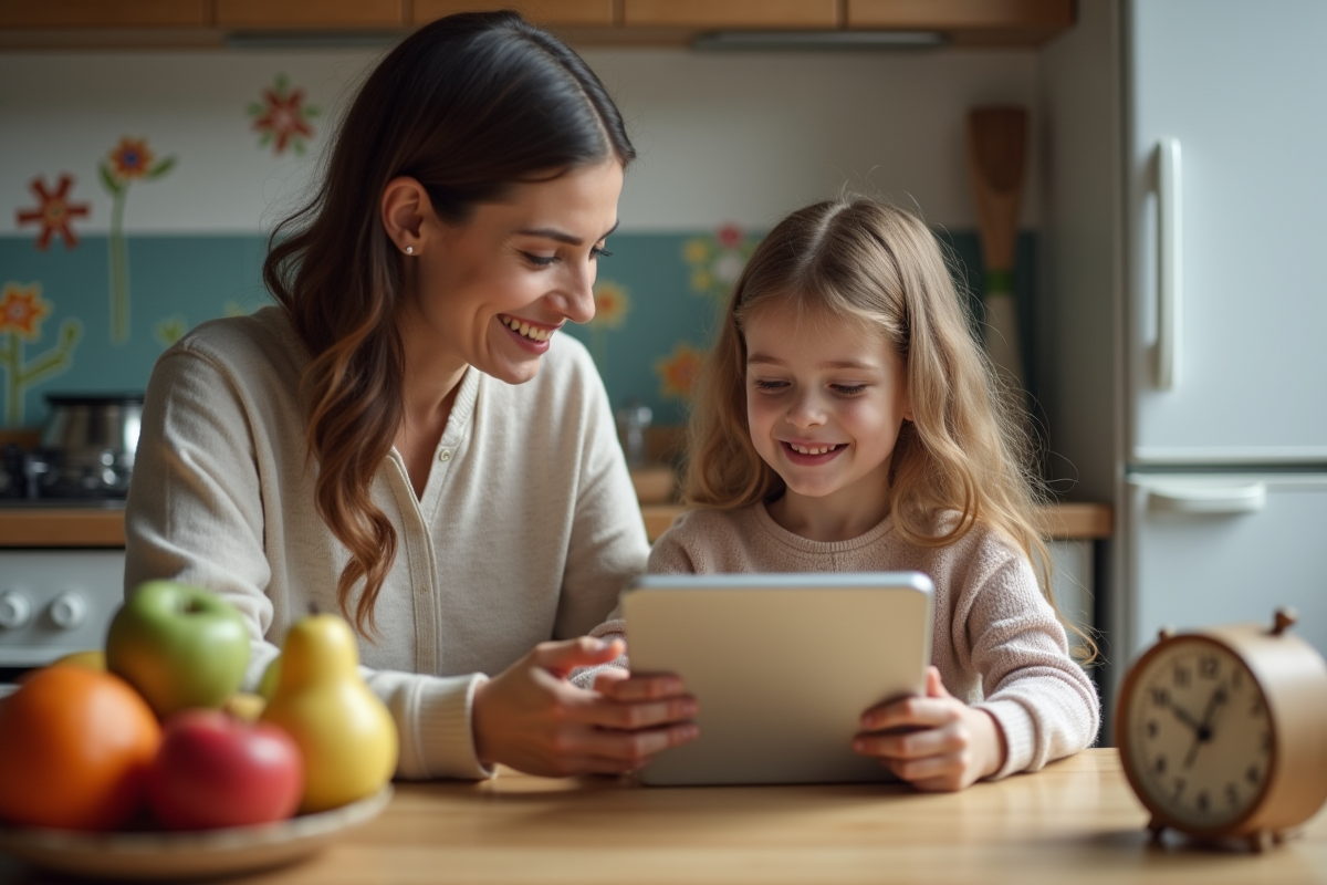 Mère donnant une tablette à sa fille à la table de cuisine