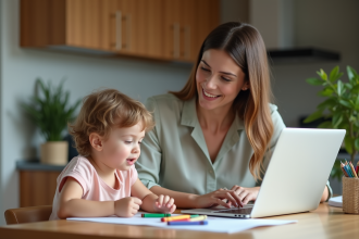 Maman au travail à la maison avec son enfant dessinant