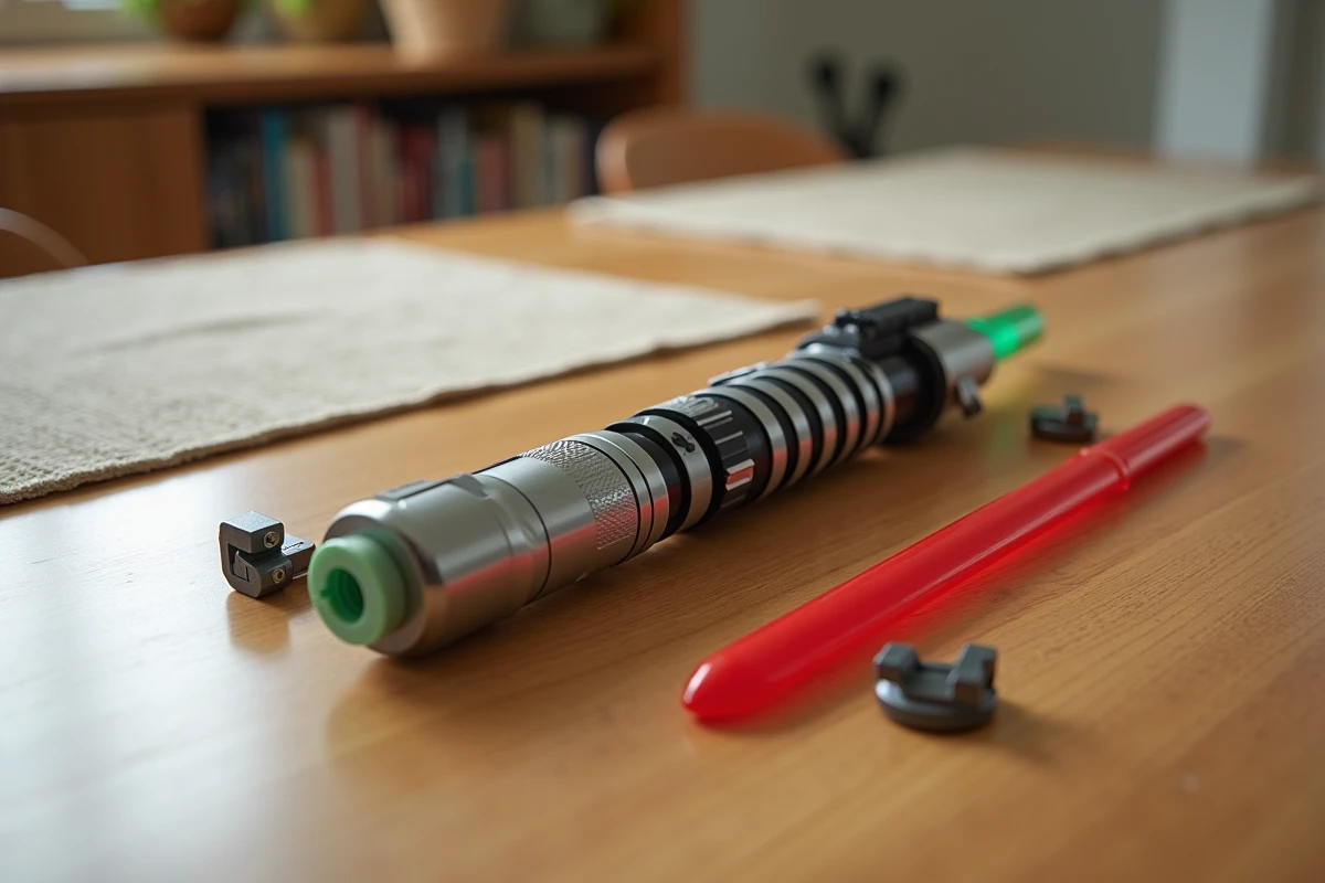 Manche de sabre laser jouet modulable avec lames interchangeables posé sur une table en bois