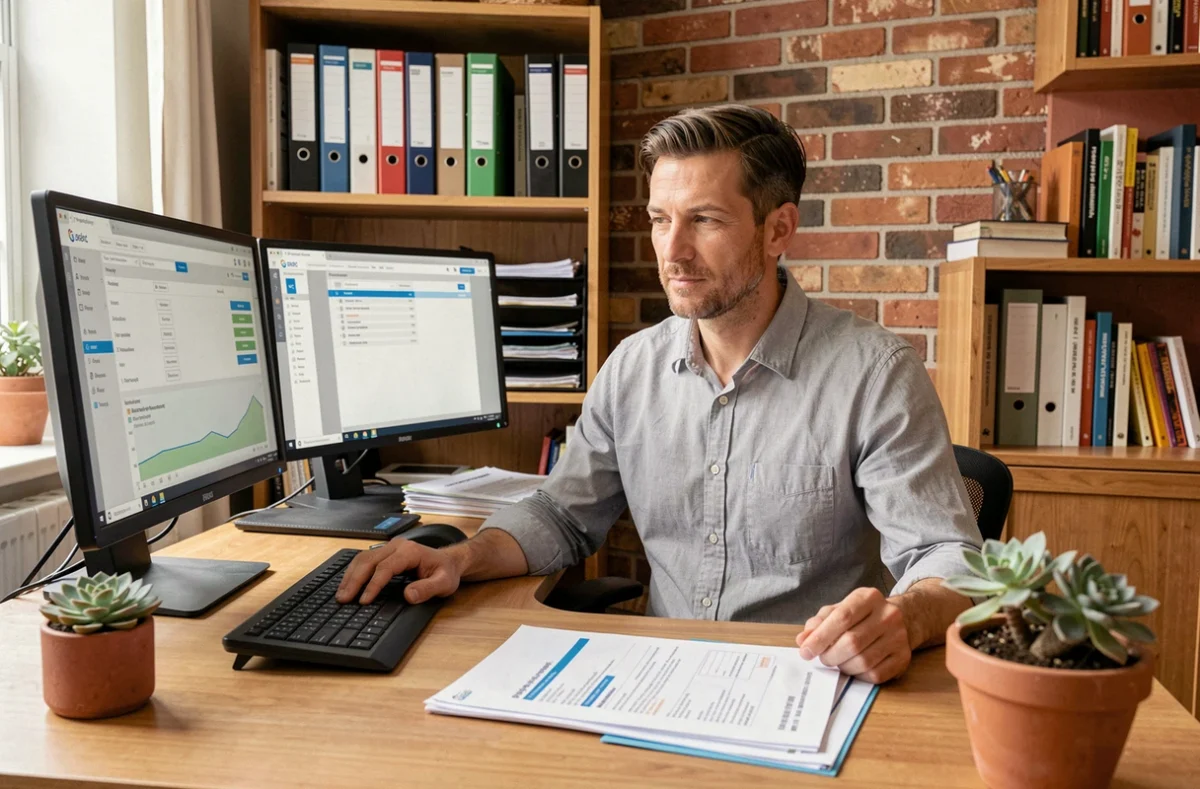 Mandataire immobilier travaillant depuis son bureau à domicile avec logiciel de gestion de dossiers