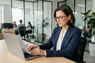 Mandataire immobilier consultant son espace compte Proxima sur ordinateur portable dans une agence moderne