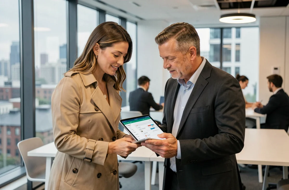 Deux mandataires immobiliers collaborant sur un dossier client via une tablette dans un espace de coworking