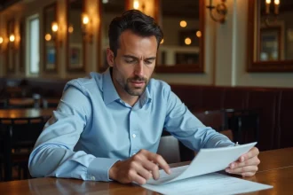 Homme politique français d'une quarantaine d'années consulte des documents dans un café parisien, illustrant un article sur Manuel Bompard et ses origines familiales