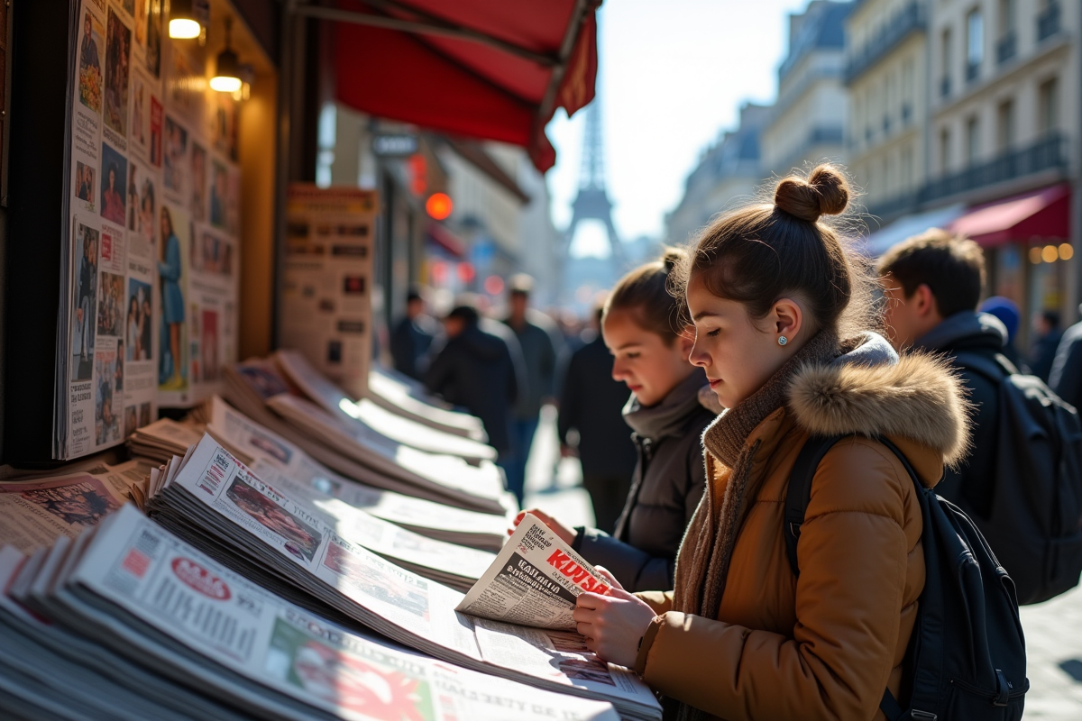Marchand de presse avec magazines célébrités dans la rue parisienne