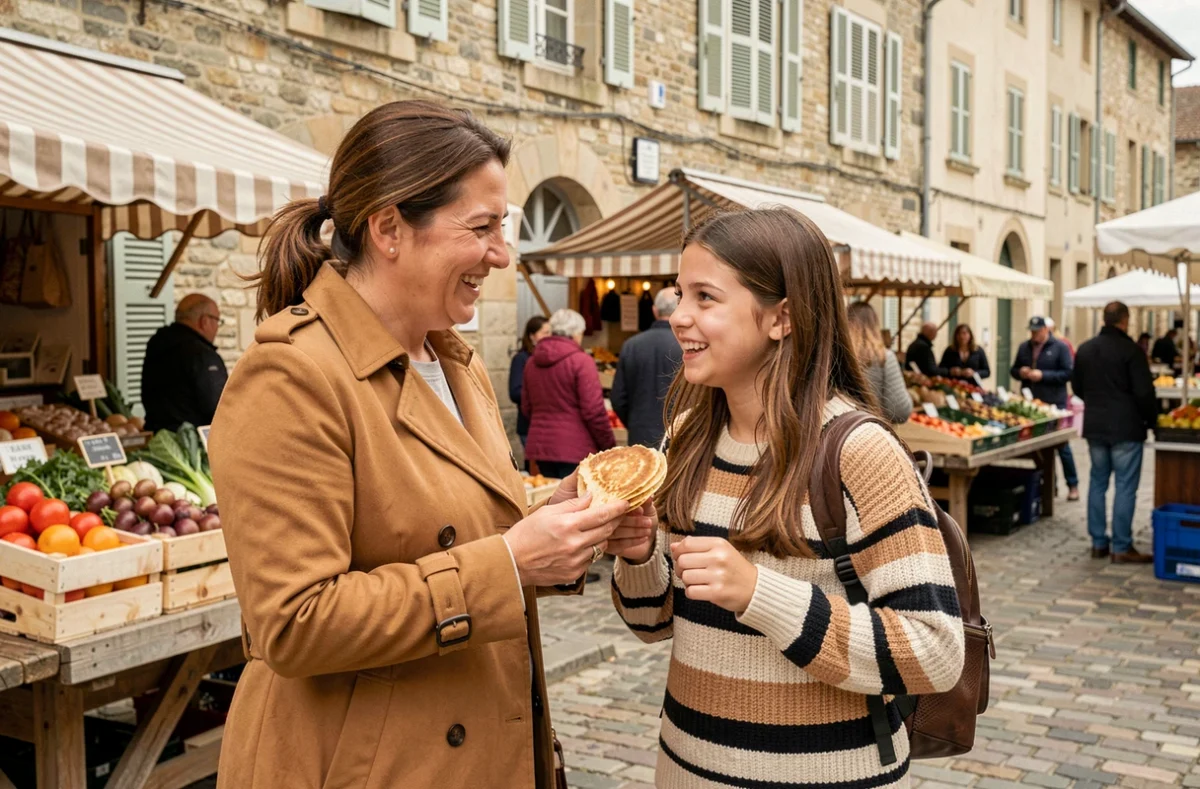 Mère et fille partageant une crêpe au marché en Seine-et-Marne